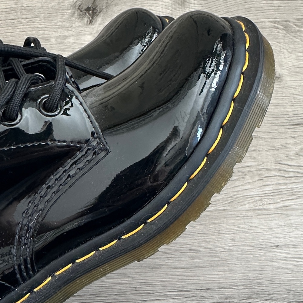 Dr. Martens Black Patent Lace-Up Boots with Yellow Stitching - Picture 5 of 5